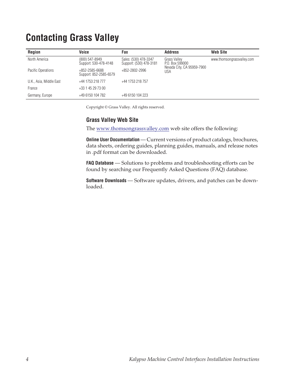 Contacting grass v alley | Grass Valley Machine Control Interfaces V.12.0 User Manual | Page 4 / 136