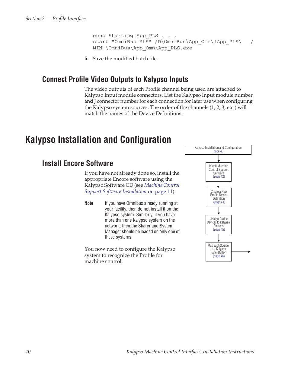 Connect profile video outputs to kalypso inputs, Kalypso installation and configuration, Install encore software | Connect profile, Video outputs to, Kalypso inputs | Grass Valley Machine Control Interfaces V.12.0 User Manual | Page 40 / 136
