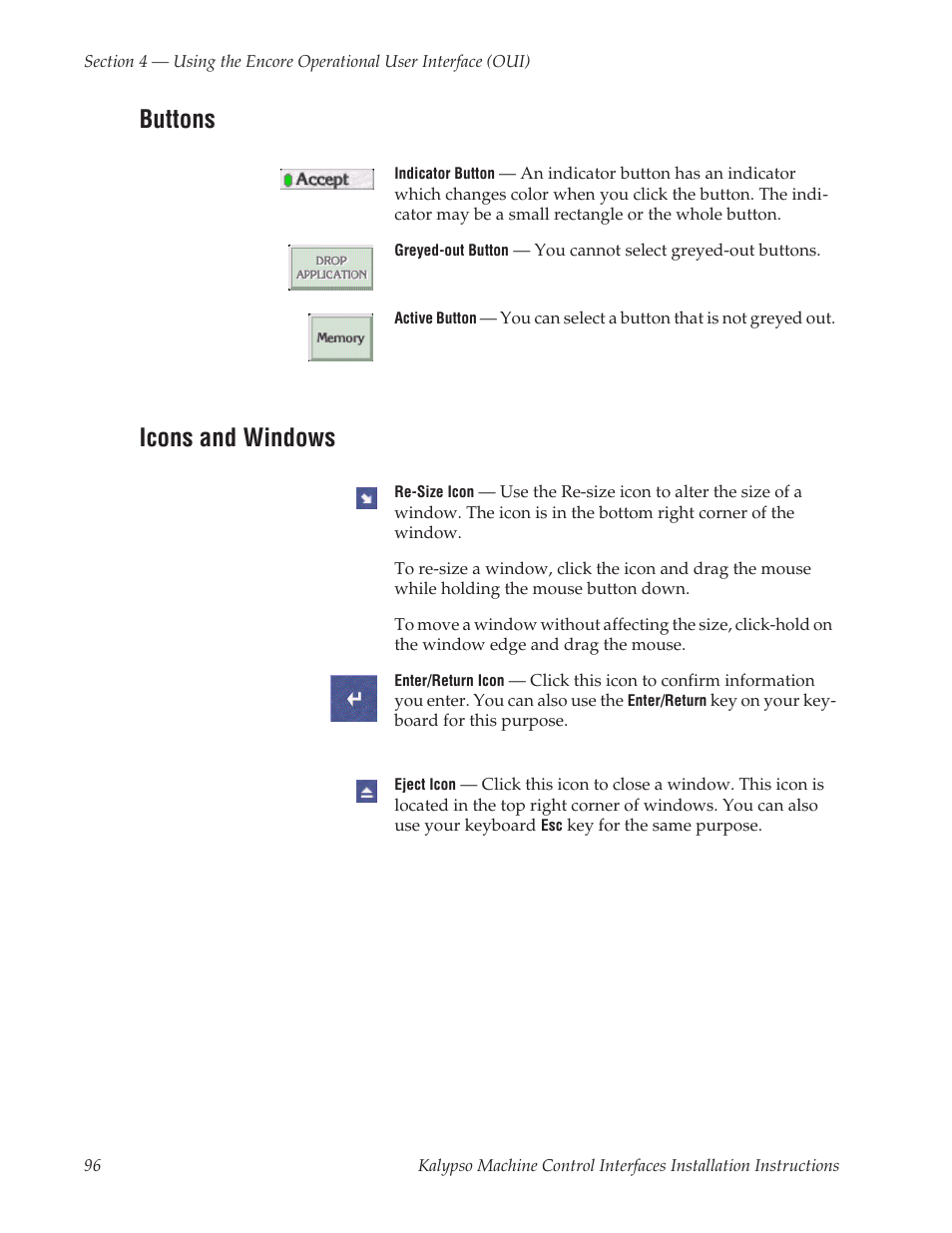 Buttons, Icons and windows, Buttons icons and windows | Grass Valley Machine Control Interfaces V.12.0 User Manual | Page 96 / 136