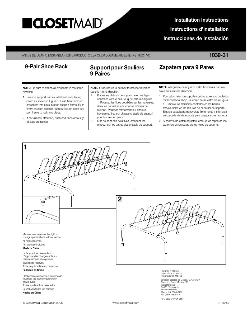 Closet Maid 9-Pair Shoe Rack 1039-31 User Manual | 1 page