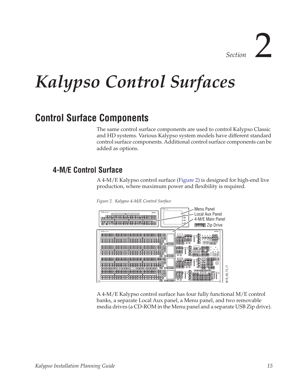 Kalypso control surfaces, Control surface components, M/e control surface | Section 2 — kalypso control surfaces | Grass Valley Kalypso Installation Planning Guide User Manual | Page 15 / 88
