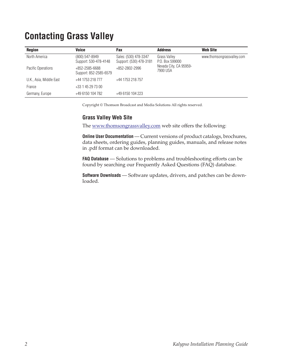 Contacting grass valley | Grass Valley Kalypso Installation Planning Guide User Manual | Page 2 / 88