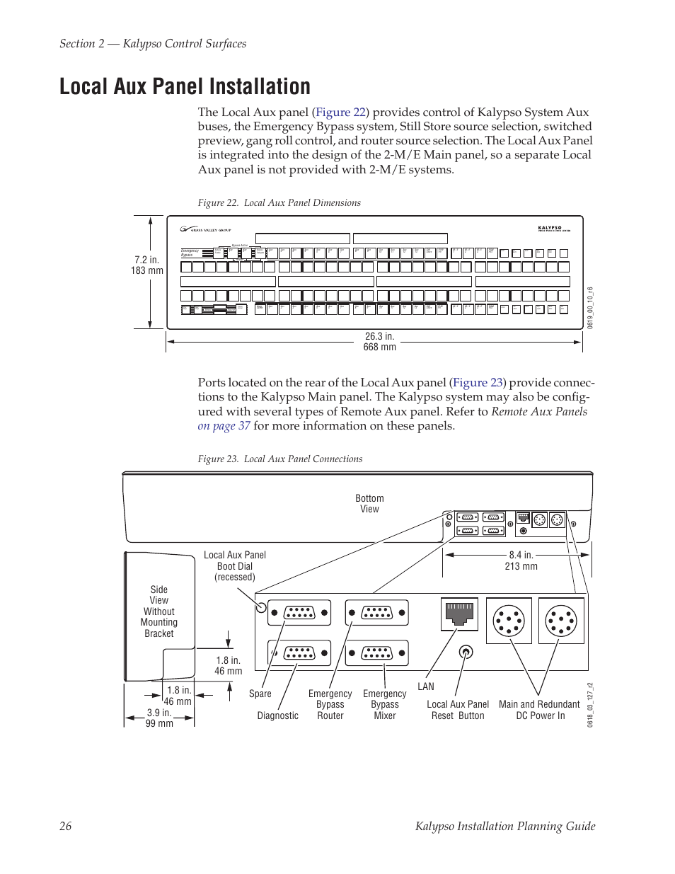 Local aux panel installation, Figure 22. local aux panel dimensions, Figure 23. local aux panel connections | Grass Valley Kalypso Installation Planning Guide User Manual | Page 26 / 88