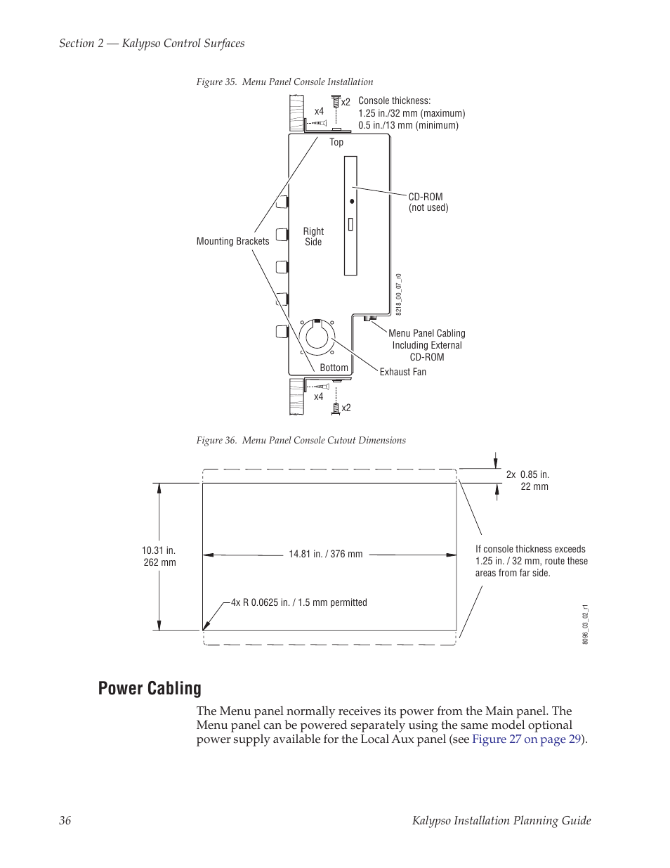 Power cabling, Menu panel can be set into a console cutout, Ent console thicknesses | Figure 35 on | Grass Valley Kalypso Installation Planning Guide User Manual | Page 36 / 88
