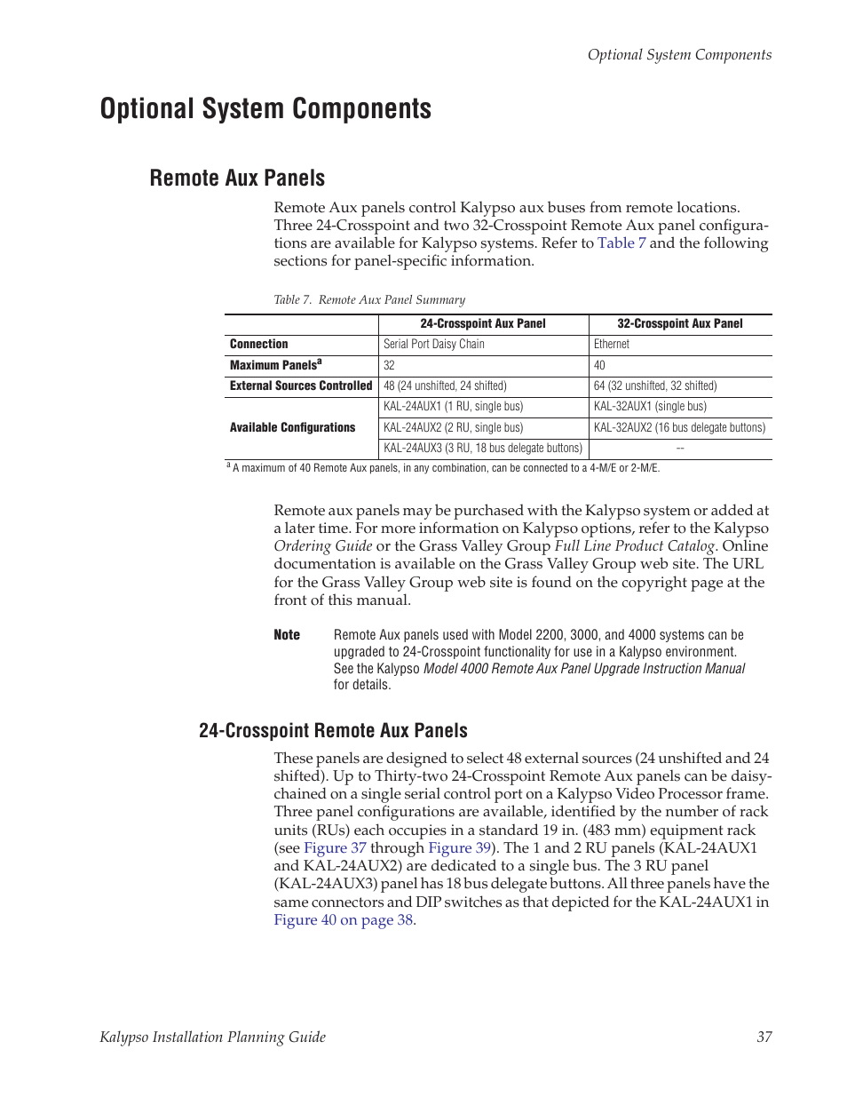 Optional system components, Remote aux panels, Crosspoint remote aux panels | Aux panel. refer to remote aux panels | Grass Valley Kalypso Installation Planning Guide User Manual | Page 37 / 88