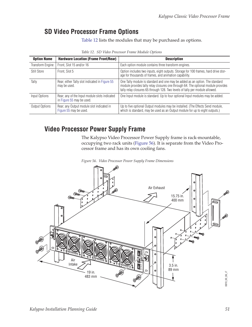 Sd video processor frame options, Video processor power supply frame | Grass Valley Kalypso Installation Planning Guide User Manual | Page 51 / 88
