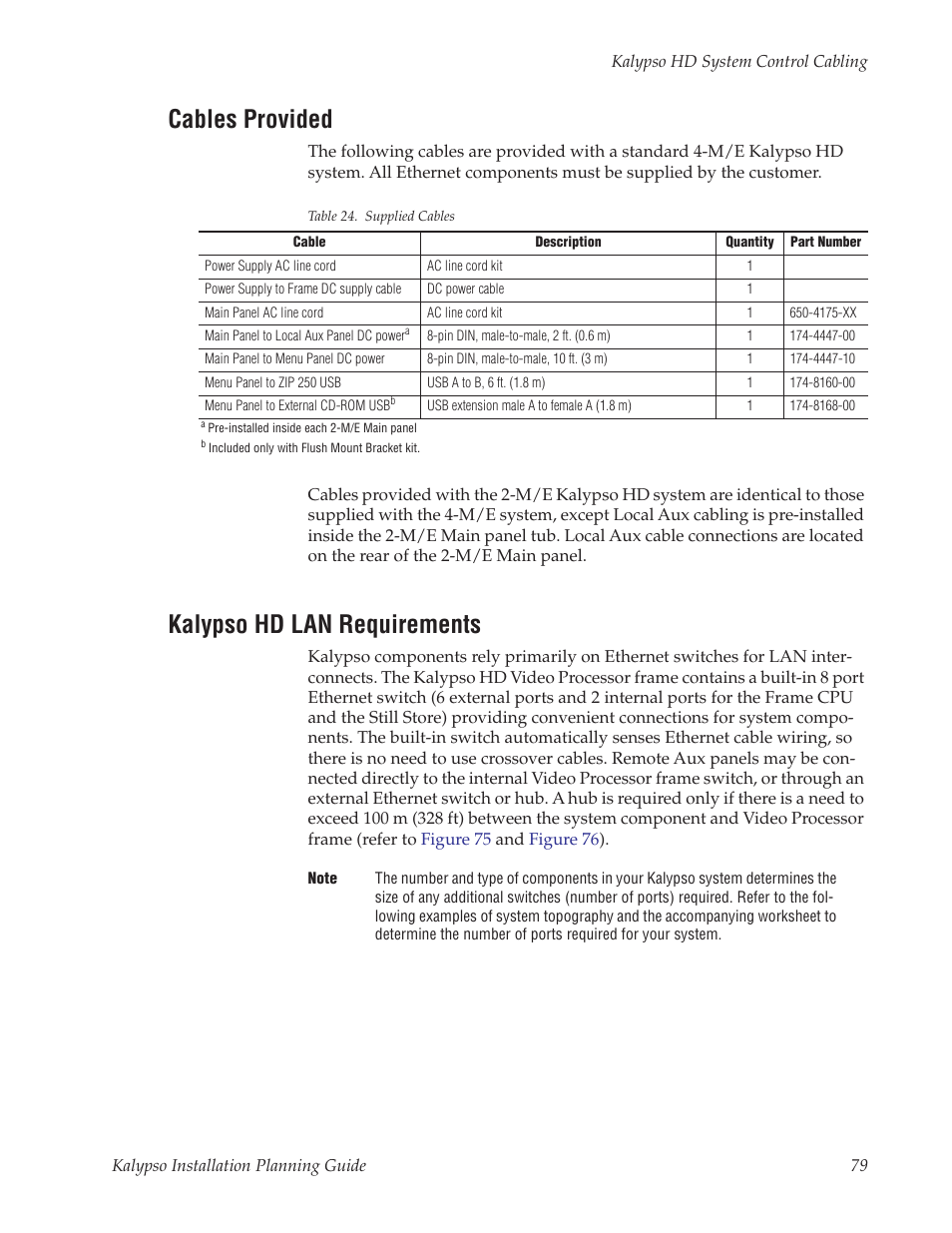 Cables provided, Kalypso hd lan requirements | Grass Valley Kalypso Installation Planning Guide User Manual | Page 79 / 88