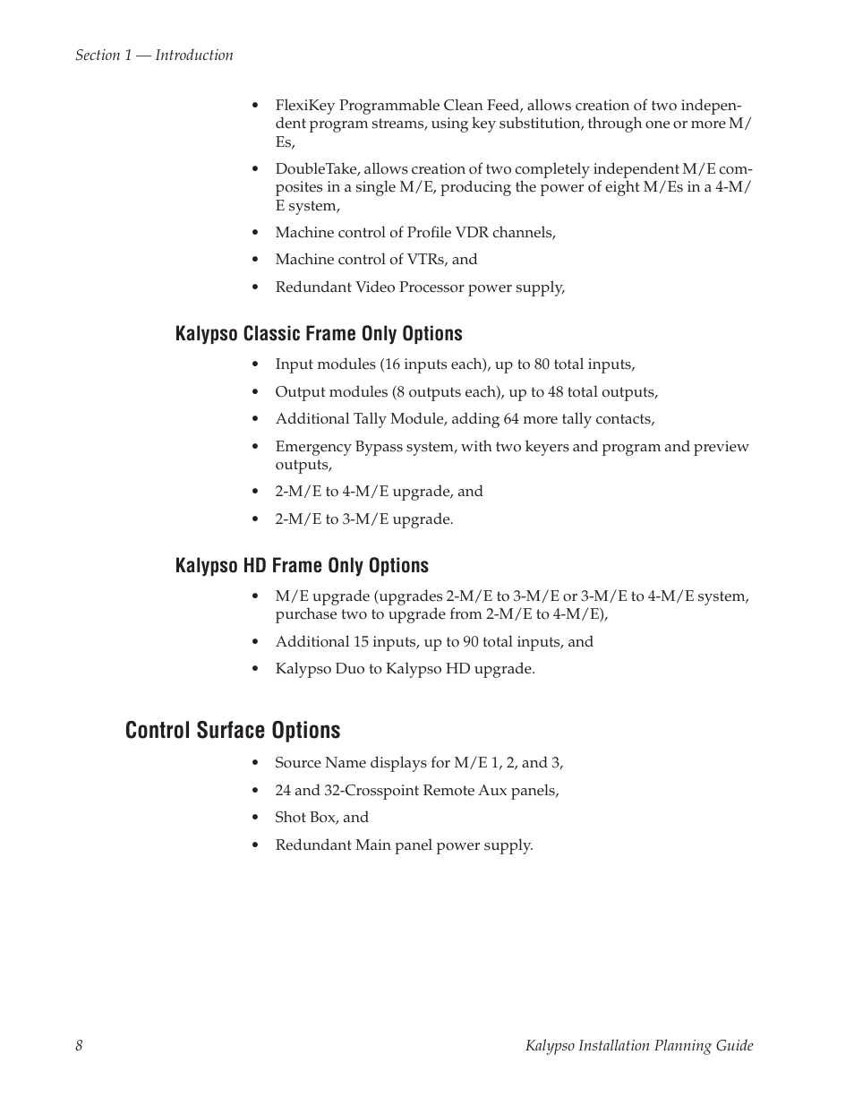 Kalypso classic frame only options, Kalypso hd frame only options, Control surface options | Grass Valley Kalypso Installation Planning Guide User Manual | Page 8 / 88