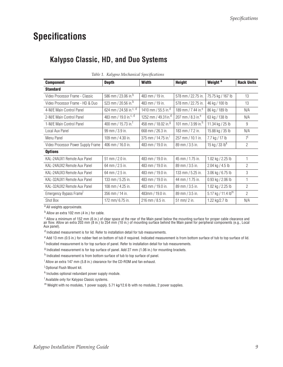 Specifications, Kalypso classic, hd, and duo systems | Grass Valley Kalypso Installation Planning Guide User Manual | Page 9 / 88