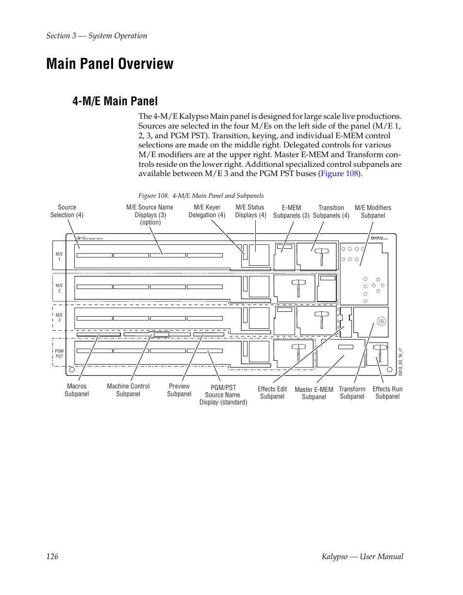 Main panel overview, M/e main panel | Grass Valley Kalypso User Manual V.15.0 User Manual | Page 126 / 470