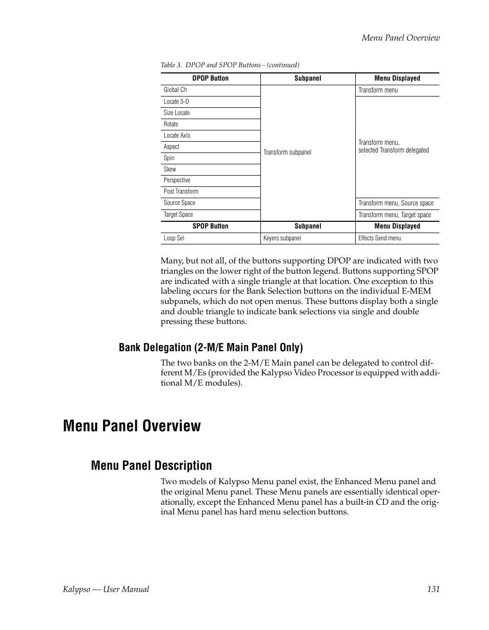 Bank delegation (2-m/e main panel only), Menu panel overview, Menu panel description | Grass Valley Kalypso User Manual V.15.0 User Manual | Page 131 / 470