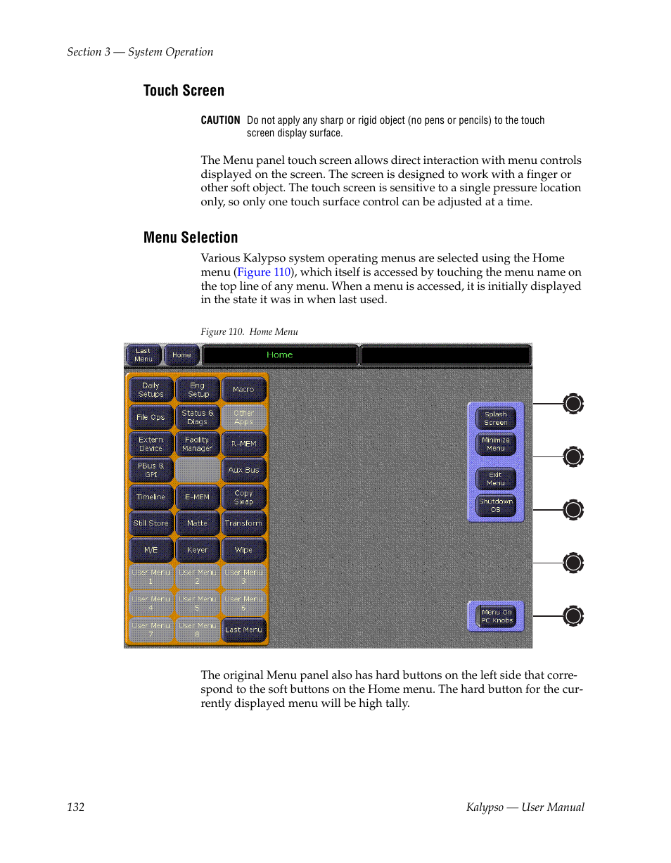 Touch screen, Menu selection | Grass Valley Kalypso User Manual V.15.0 User Manual | Page 132 / 470