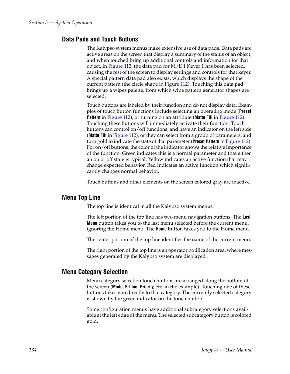 Data pads and touch buttons, Menu top line, Menu category selection | Grass Valley Kalypso User Manual V.15.0 User Manual | Page 134 / 470