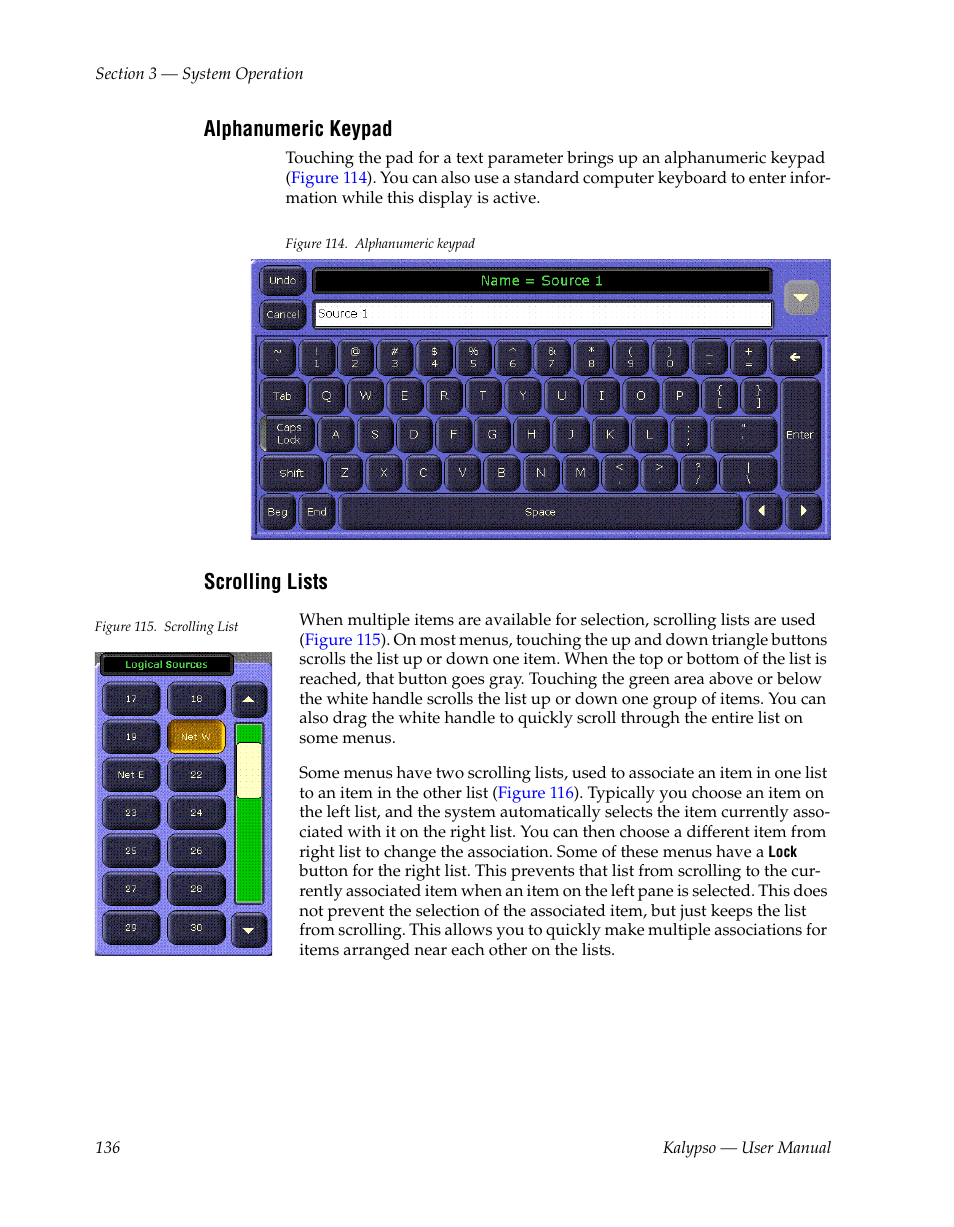 Alphanumeric keypad, Scrolling lists | Grass Valley Kalypso User Manual V.15.0 User Manual | Page 136 / 470