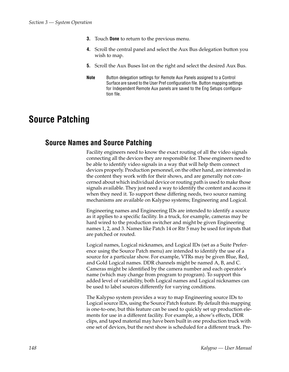 Source patching, Source names and source patching | Grass Valley Kalypso User Manual V.15.0 User Manual | Page 148 / 470