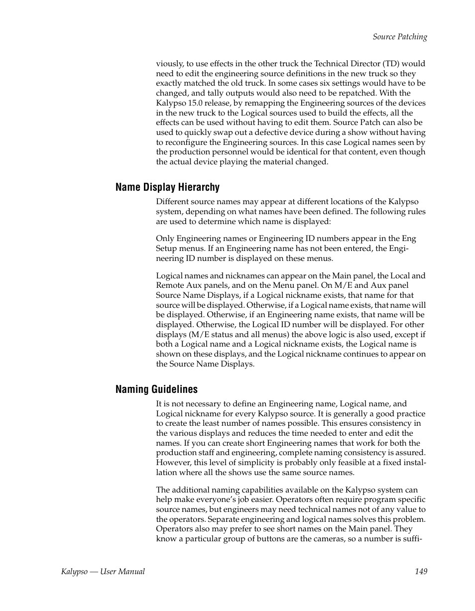 Name display hierarchy, Naming guidelines | Grass Valley Kalypso User Manual V.15.0 User Manual | Page 149 / 470