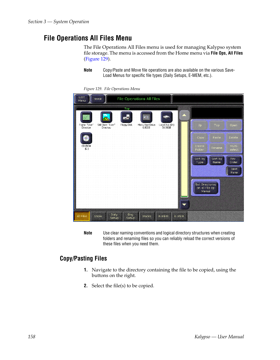 File operations all files menu, Copy/pasting files | Grass Valley Kalypso User Manual V.15.0 User Manual | Page 158 / 470