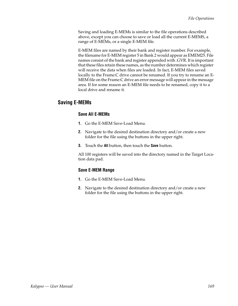 Saving e-mems | Grass Valley Kalypso User Manual V.15.0 User Manual | Page 169 / 470