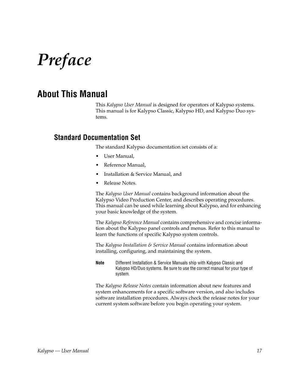 Preface, About this manual, Standard documentation set | Grass Valley Kalypso User Manual V.15.0 User Manual | Page 17 / 470