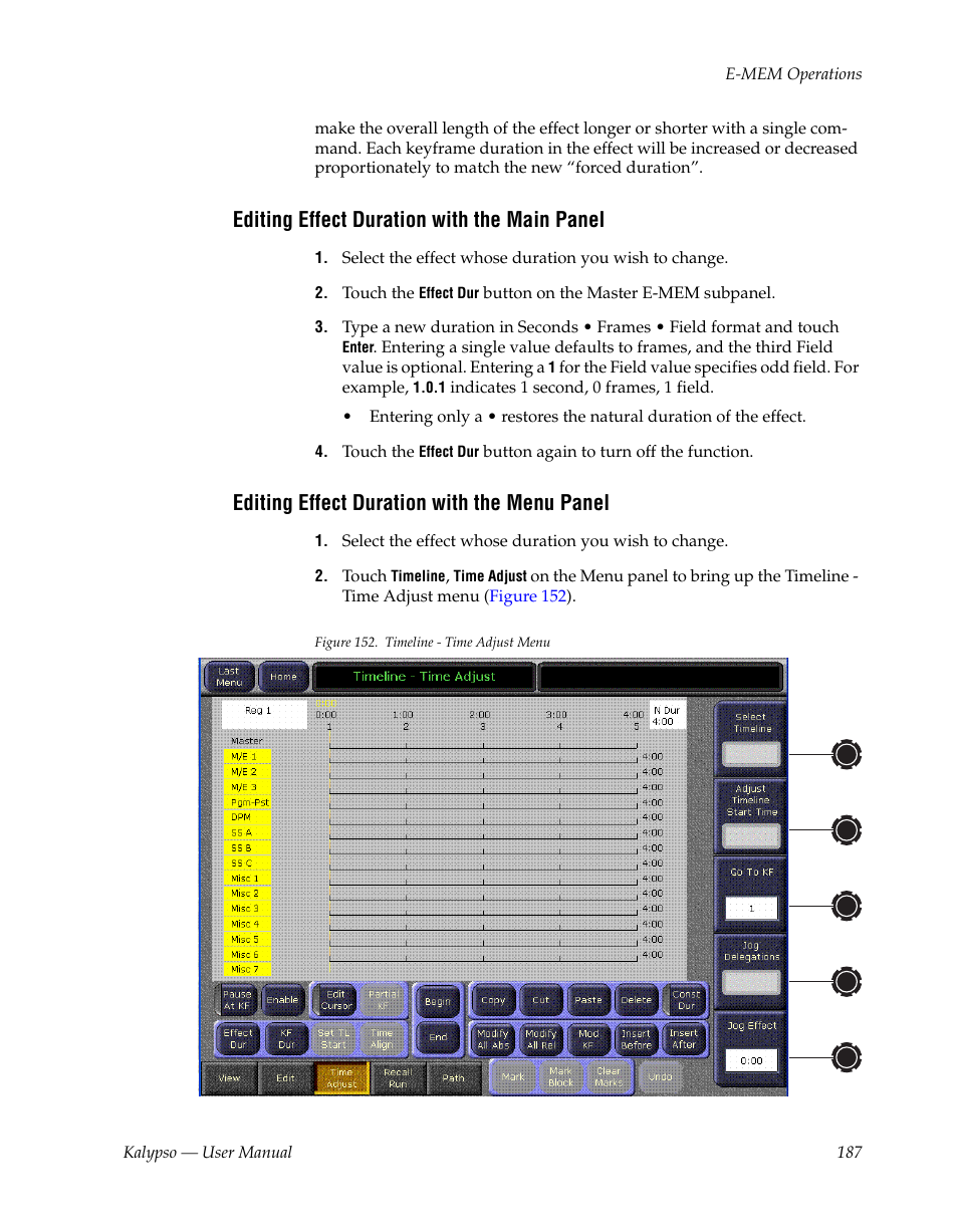 Editing effect duration with the main panel, Editing effect duration with the menu panel | Grass Valley Kalypso User Manual V.15.0 User Manual | Page 187 / 470