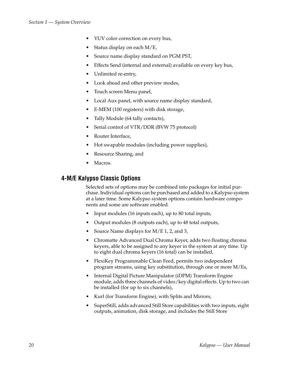 M/e kalypso classic options | Grass Valley Kalypso User Manual V.15.0 User Manual | Page 20 / 470