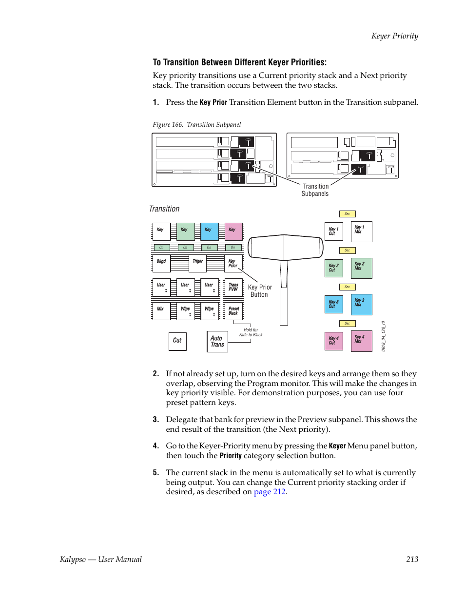 Kalypso — user manual 213 keyer priority, Press the, Go to the keyer-priority menu by pressing the | Menu panel button, then touch the, Category selection button, Transition, Key prior, Keyer, Priority | Grass Valley Kalypso User Manual V.15.0 User Manual | Page 213 / 470