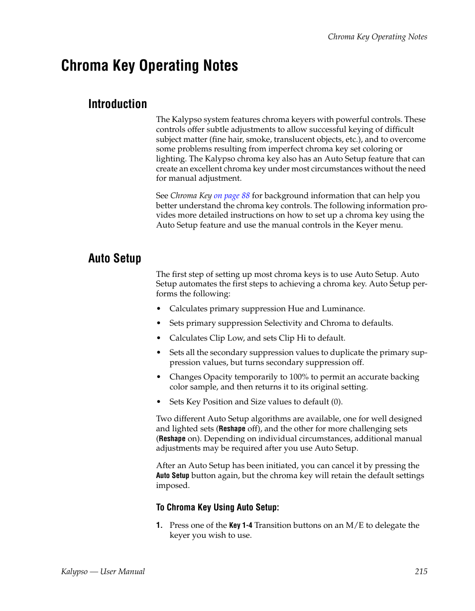 Chroma key operating notes, Introduction, Auto setup | Grass Valley Kalypso User Manual V.15.0 User Manual | Page 215 / 470