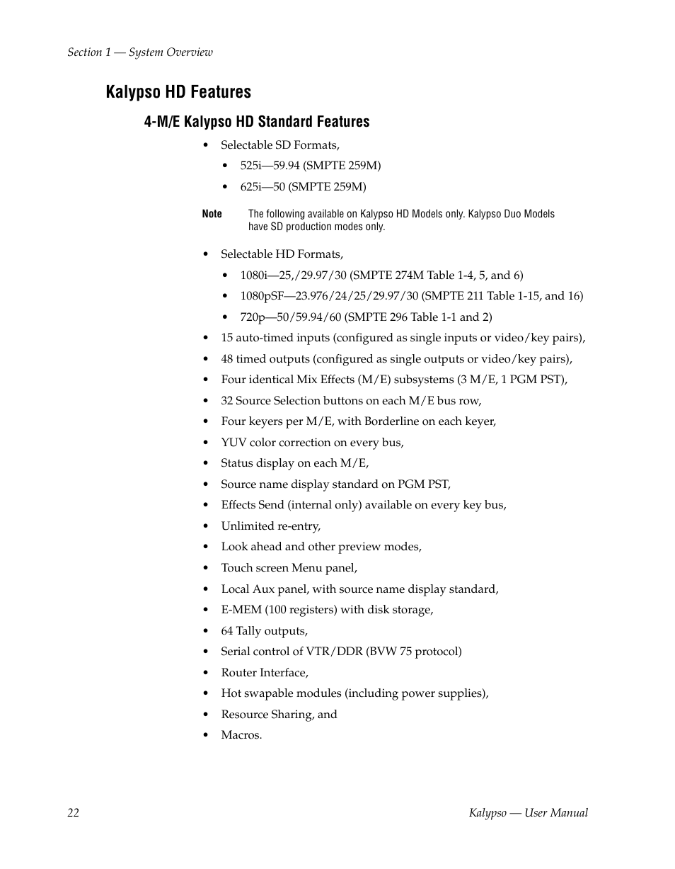 Kalypso hd features, M/e kalypso hd standard features | Grass Valley Kalypso User Manual V.15.0 User Manual | Page 22 / 470