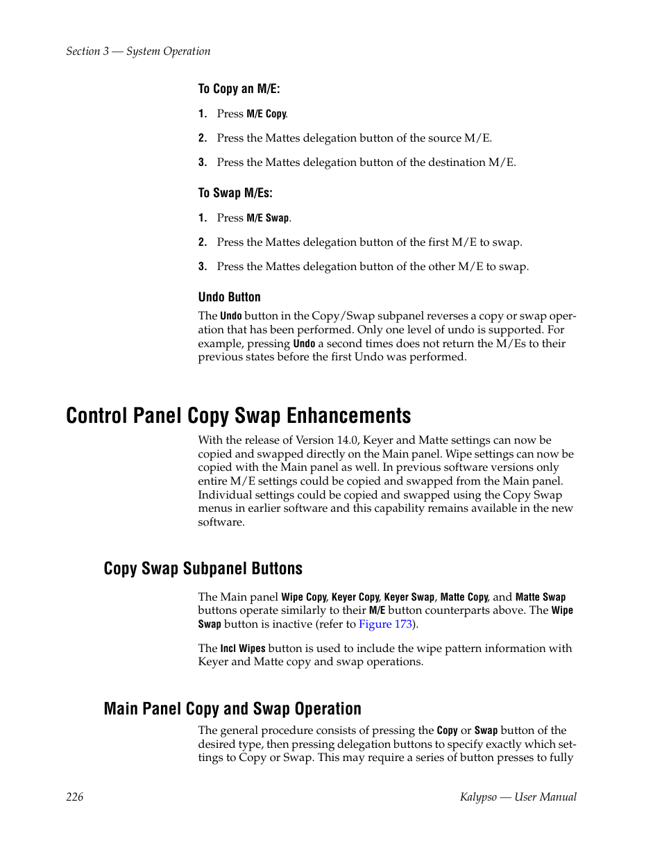 Control panel copy swap enhancements, Copy swap subpanel buttons, Main panel copy and swap operation | Grass Valley Kalypso User Manual V.15.0 User Manual | Page 226 / 470