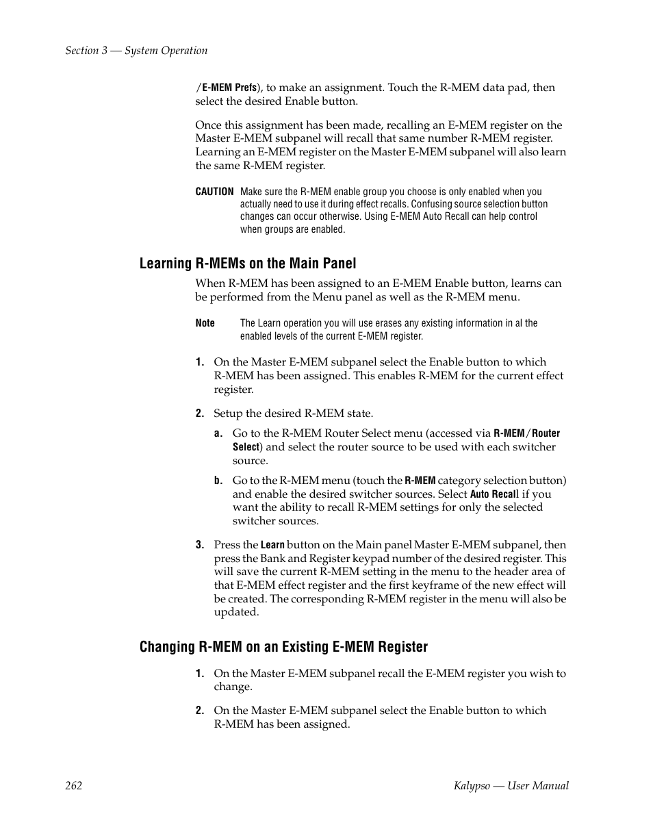 Learning r-mems on the main panel, Changing r-mem on an existing e-mem register | Grass Valley Kalypso User Manual V.15.0 User Manual | Page 262 / 470