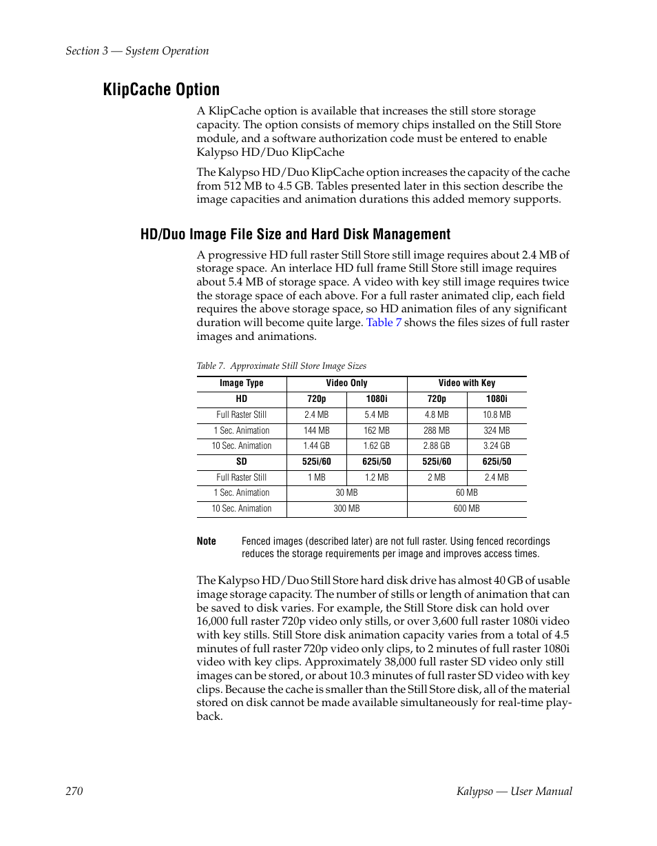 Klipcache option, Hd/duo image file size and hard disk management | Grass Valley Kalypso User Manual V.15.0 User Manual | Page 270 / 470