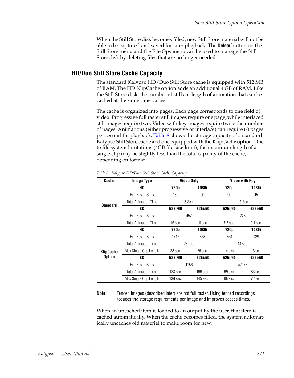 Hd/duo still store cache capacity | Grass Valley Kalypso User Manual V.15.0 User Manual | Page 271 / 470
