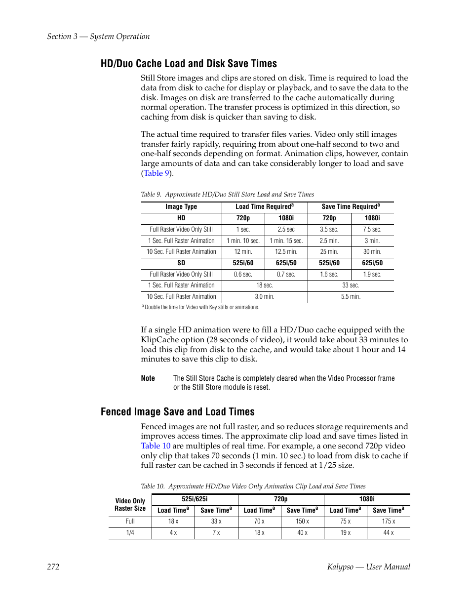 Hd/duo cache load and disk save times, Fenced image save and load times | Grass Valley Kalypso User Manual V.15.0 User Manual | Page 272 / 470
