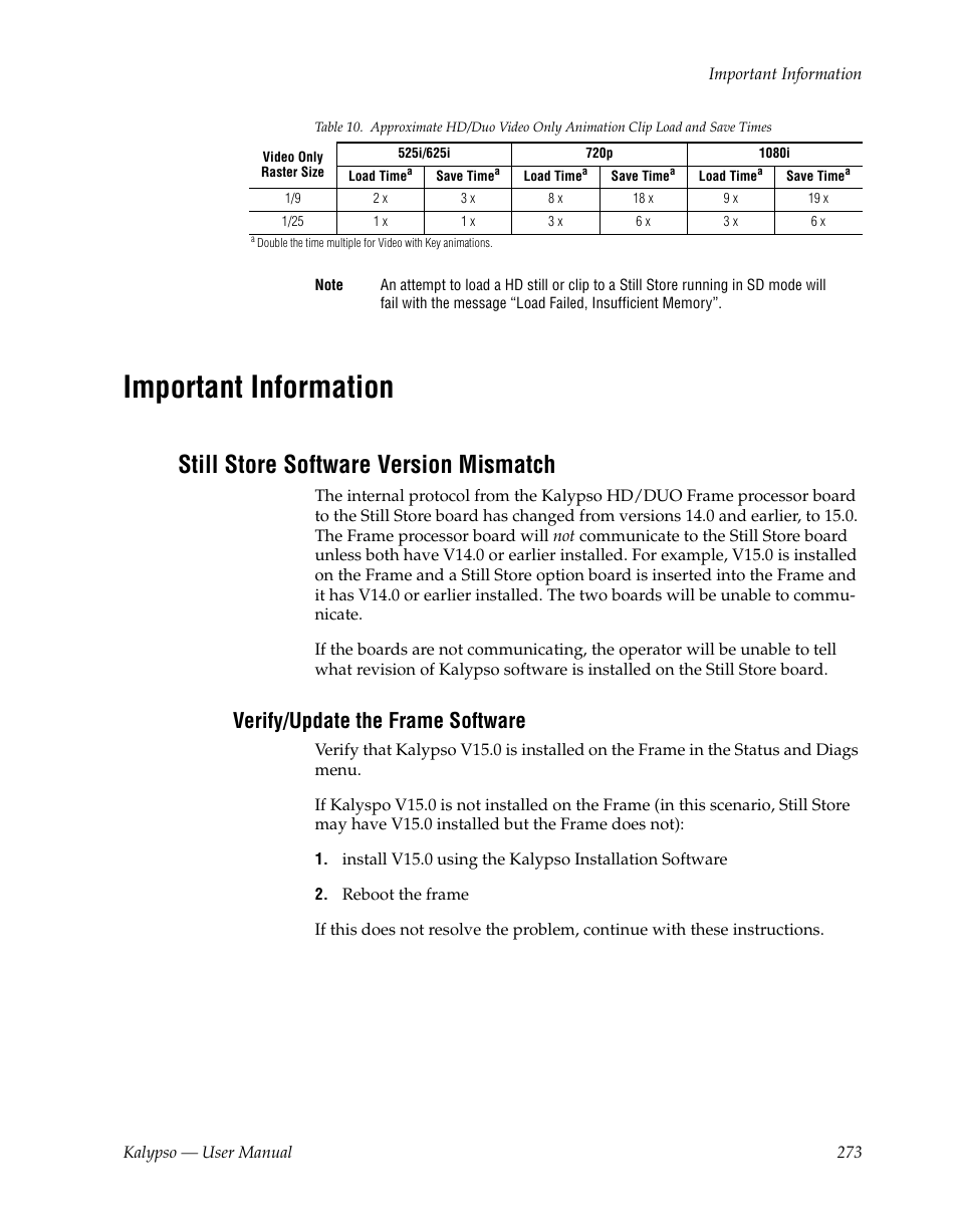 Important information, Still store software version mismatch, Verify/update the frame software | Grass Valley Kalypso User Manual V.15.0 User Manual | Page 273 / 470
