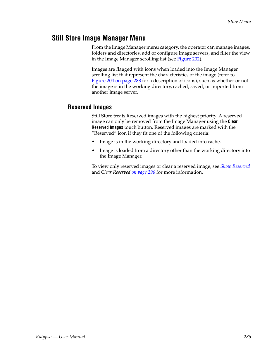 Still store image manager menu, Reserved images, Ee reserved images | For mor | Grass Valley Kalypso User Manual V.15.0 User Manual | Page 285 / 470
