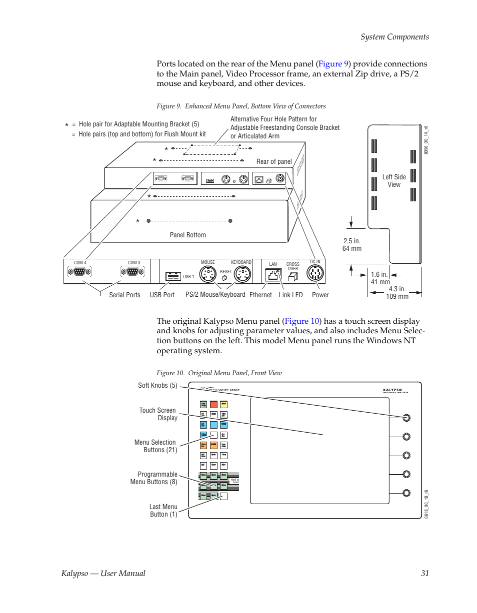 Kalypso — user manual 31 system components, Figure 10. original menu panel, front view, Usb port ps/2 mouse/keyboard ethernet power | Link led, Programmable menu buttons (8) | Grass Valley Kalypso User Manual V.15.0 User Manual | Page 31 / 470