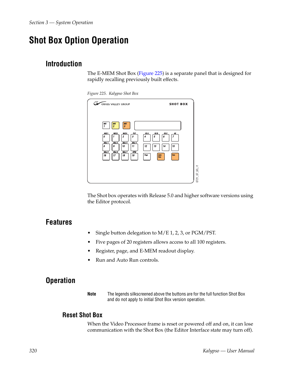 Shot box option operation, Introduction, Features | Operation, Reset shot box, Figure 225. kalypso shot box | Grass Valley Kalypso User Manual V.15.0 User Manual | Page 320 / 470