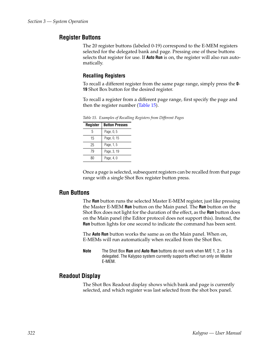 Register buttons, Run buttons, Readout display | Grass Valley Kalypso User Manual V.15.0 User Manual | Page 322 / 470