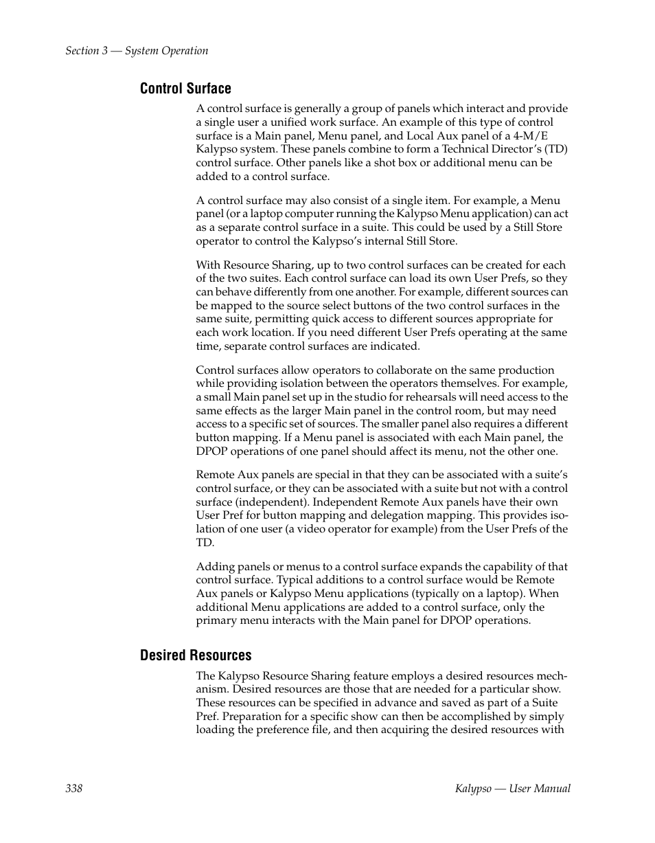 Control surface, Desired resources | Grass Valley Kalypso User Manual V.15.0 User Manual | Page 338 / 470