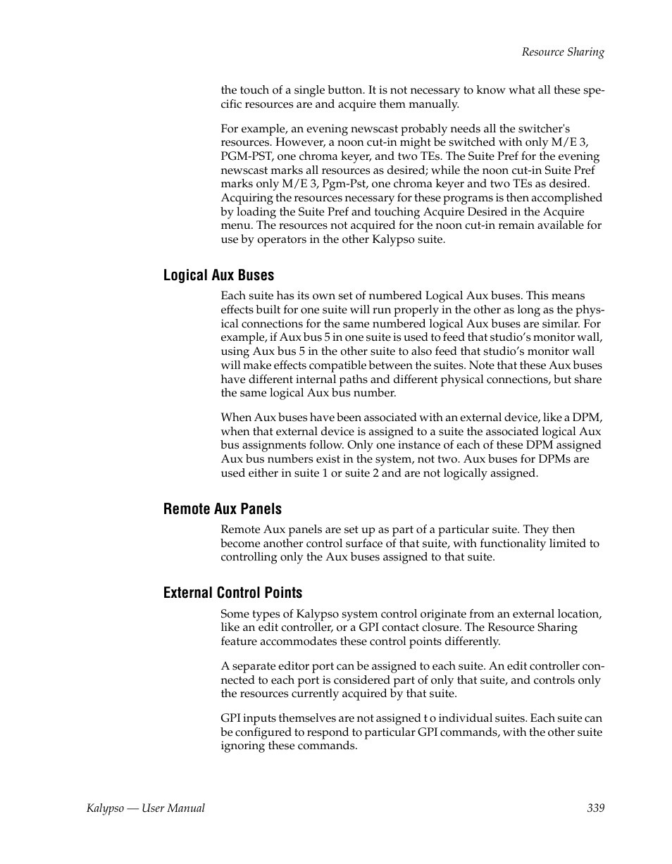 Logical aux buses, Remote aux panels, External control points | Grass Valley Kalypso User Manual V.15.0 User Manual | Page 339 / 470