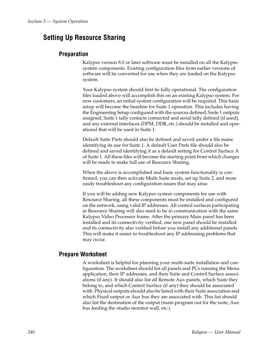 Setting up resource sharing, Preparation, Prepare worksheet | Grass Valley Kalypso User Manual V.15.0 User Manual | Page 340 / 470