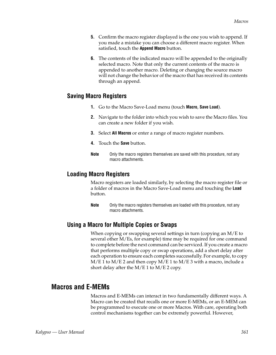 Saving macro registers, Loading macro registers, Using a macro for multiple copies or swaps | Macros and e-mems | Grass Valley Kalypso User Manual V.15.0 User Manual | Page 361 / 470