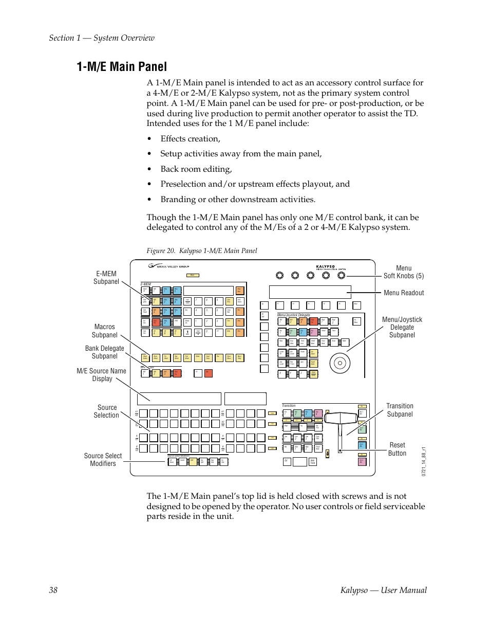 M/e main panel, Figure 20. kalypso 1-m/e main panel | Grass Valley Kalypso User Manual V.15.0 User Manual | Page 38 / 470