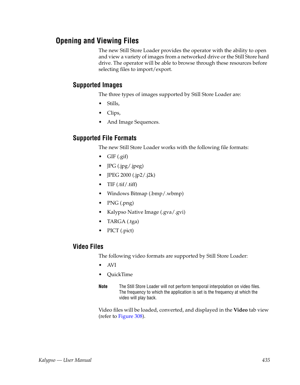 Opening and viewing files, Supported images, Supported file formats | Video files | Grass Valley Kalypso User Manual V.15.0 User Manual | Page 435 / 470