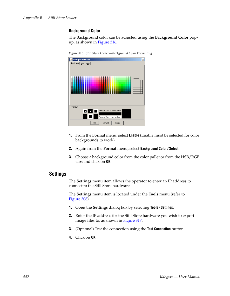 Settings, Background color | Grass Valley Kalypso User Manual V.15.0 User Manual | Page 442 / 470