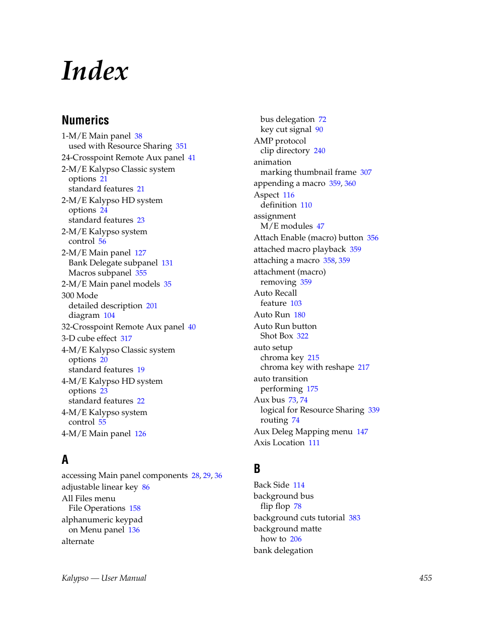 Index, Numerics | Grass Valley Kalypso User Manual V.15.0 User Manual | Page 455 / 470