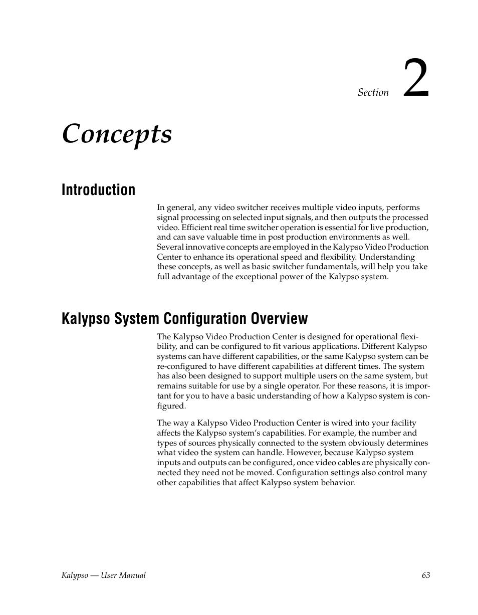 Concepts, Introduction, Kalypso system configuration overview | Section 2 — concepts | Grass Valley Kalypso User Manual V.15.0 User Manual | Page 63 / 470