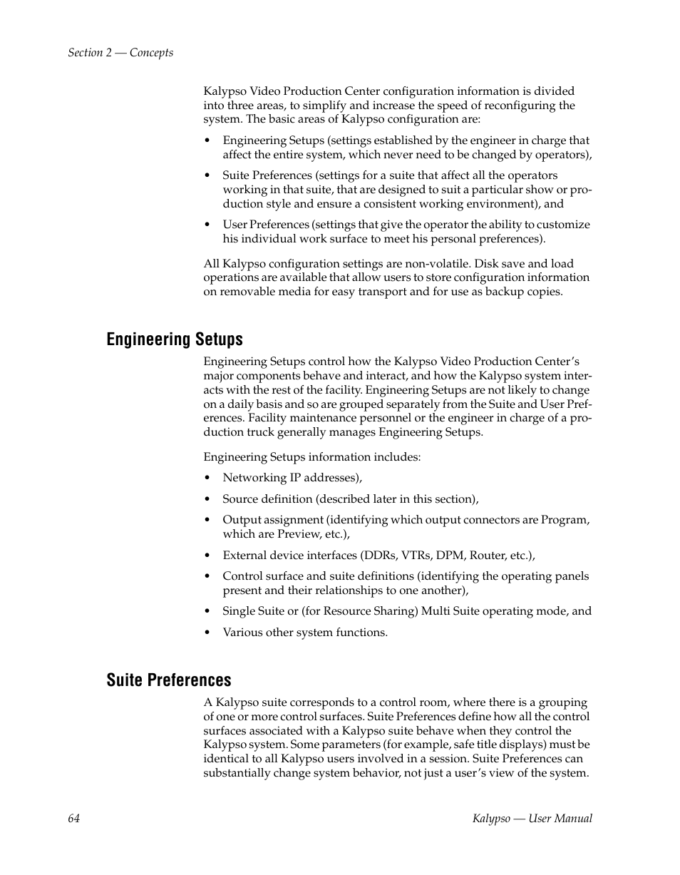 Engineering setups, Suite preferences | Grass Valley Kalypso User Manual V.15.0 User Manual | Page 64 / 470