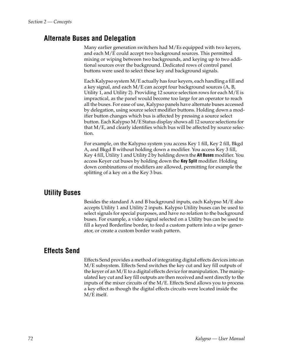Alternate buses and delegation, Utility buses, Effects send | Grass Valley Kalypso User Manual V.15.0 User Manual | Page 72 / 470
