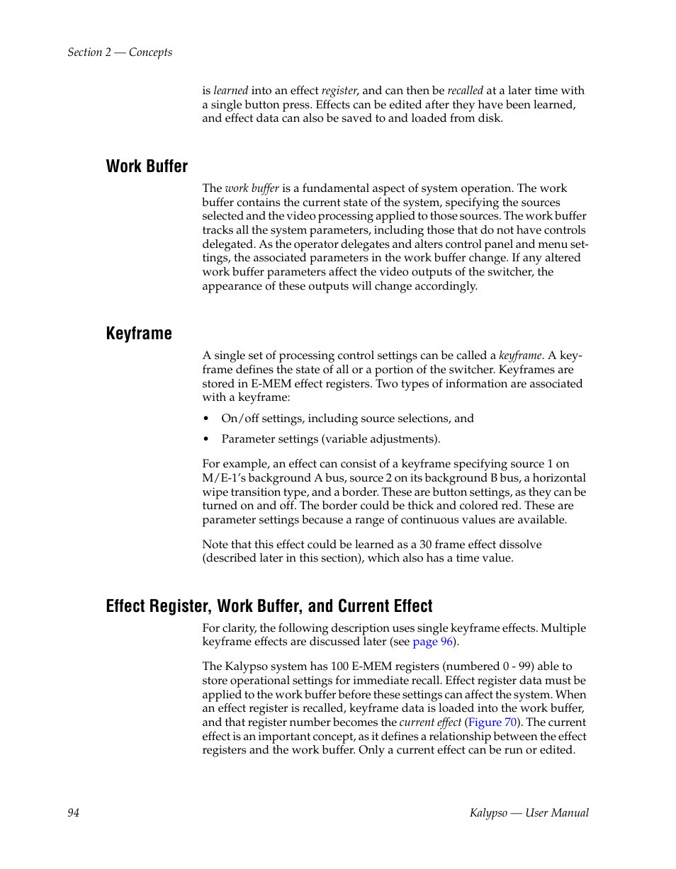 Work buffer, Keyframe, Effect register, work buffer, and current effect | Grass Valley Kalypso User Manual V.15.0 User Manual | Page 94 / 470